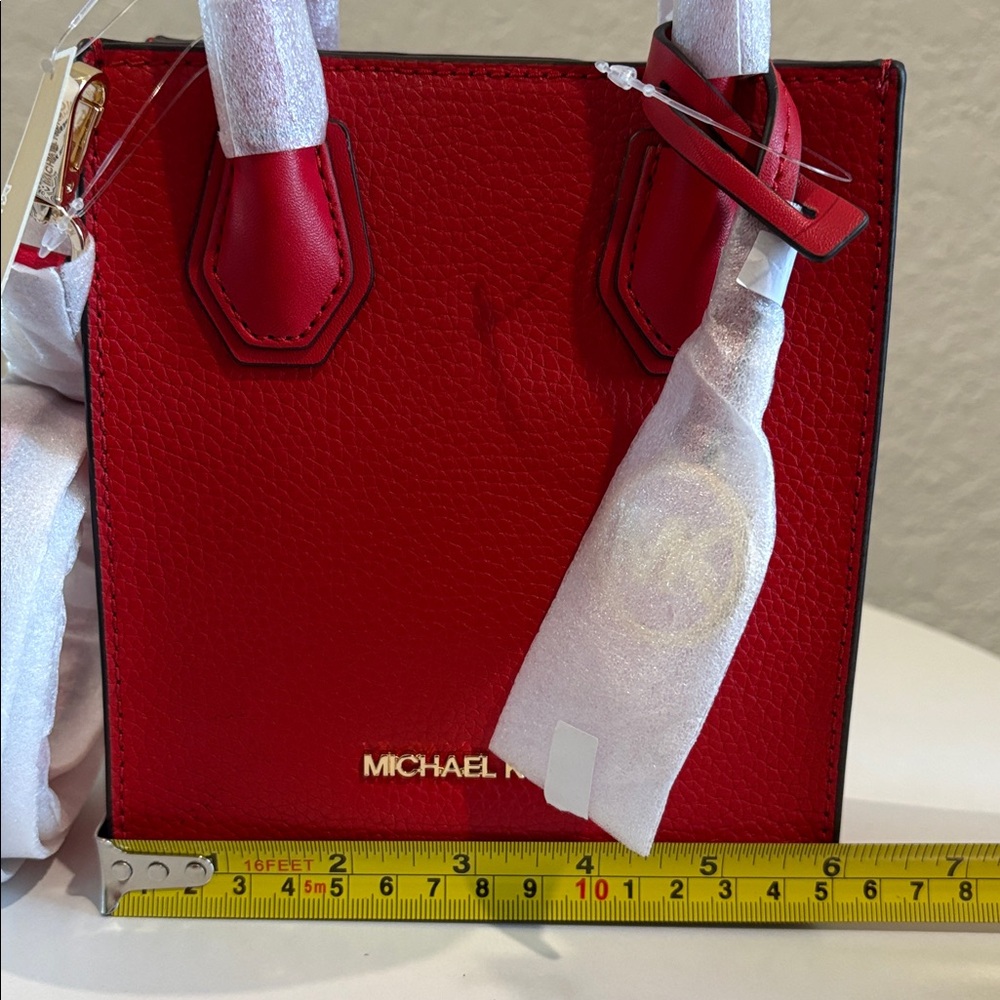 NWT Michael Kors Bright Red Leather Shopper Crossbody Bag - Picture 8 of 9